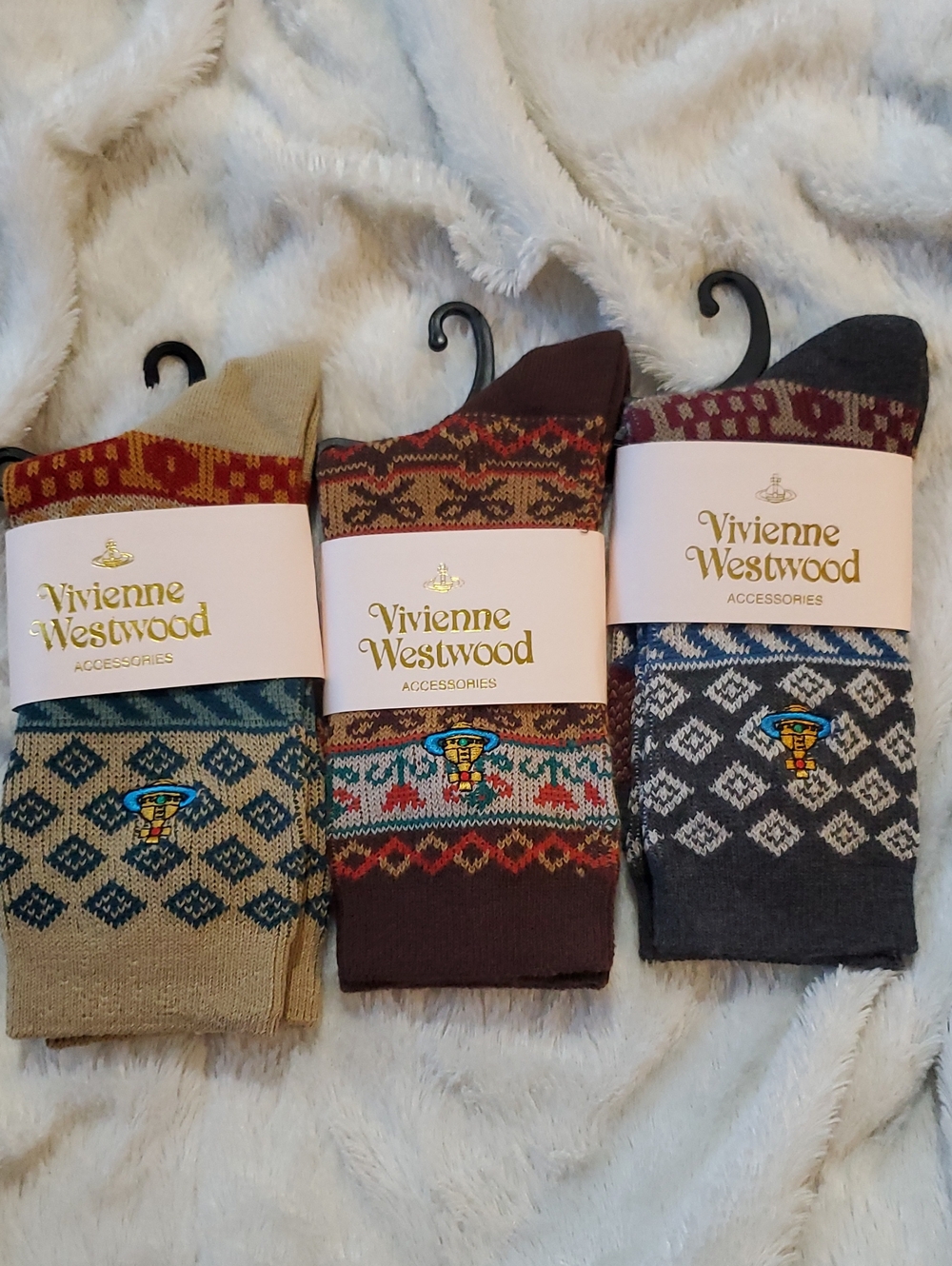 Vivienne Westwood Patterned Crew Socks Trio in Beige, Brown & Charcoal 3 Pairs